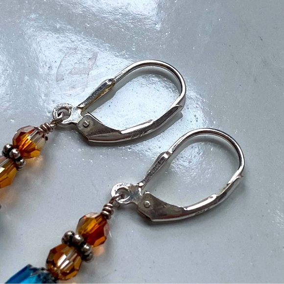 Vintage Swarovski 925 Lever Back Blue & Gold AB Crystal Glass Dangling Earrings - Picture 4 of 5